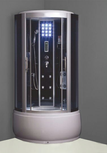 W-201 High-tech Tempered Glass Steam Shower Cabin with Glass Central Panel, Massage Jets, computer panel