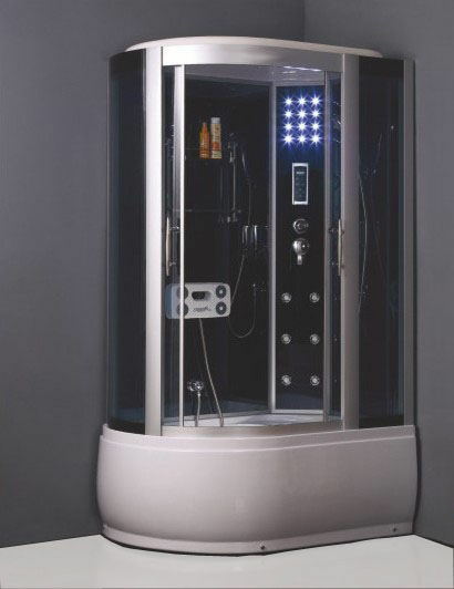 W-205R High-tech Tempered Glass Steam Shower Cabin with Glass Central Panel, Massage Jets, computer panel