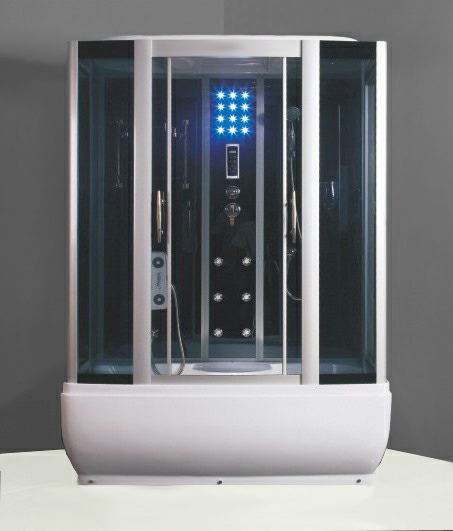 W-209 High-tech Tempered Glass Steam Shower Cabin with Glass Central Panel, Massage Jets, computer panel