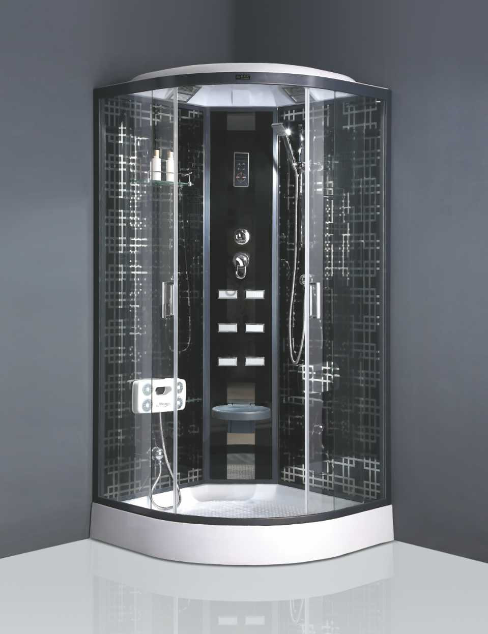 W-404 Multifunction Tempered Glass Shower Cubicle with Computer Contral Panel, Shelf, Handheld Shower, Rain Shower