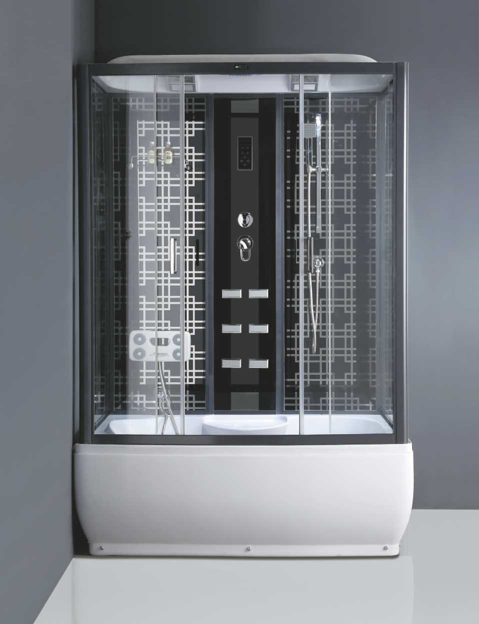 W-409 Multifunction Tempered Glass Shower Cubicle with Computer Contral Panel, Shelf, Handheld Shower, Rain Shower