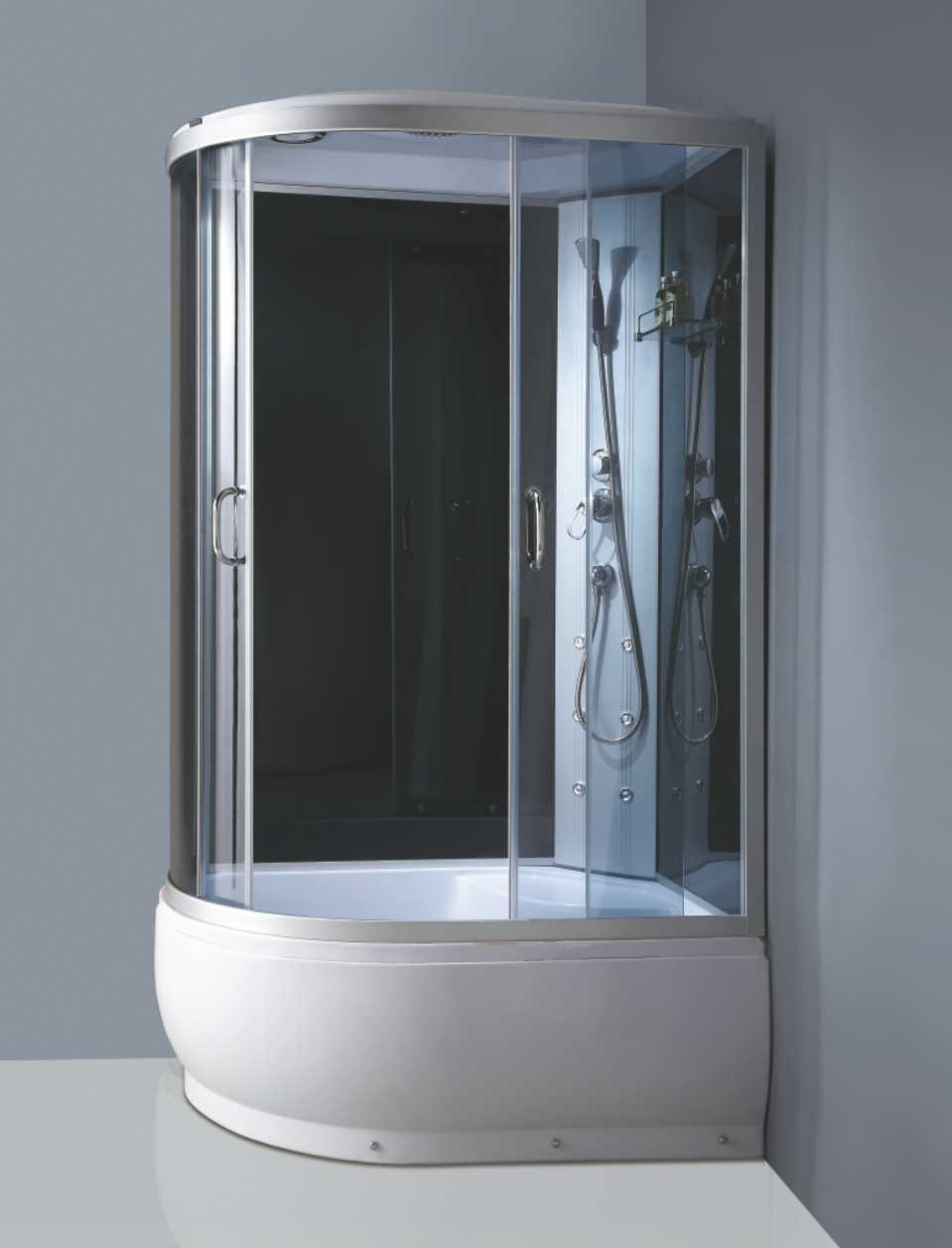 W-005R Corner Hydro Massage Bathroom Shower Cabin with Sliding Tempered Glass Door, Rain Shower, Handheld shower, Shelf, Massage Jets