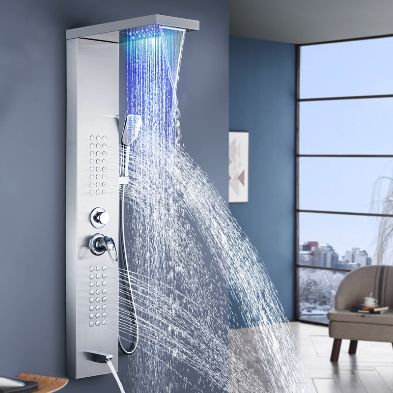 Multifunctional Bathroom Stainless Steel Shower Panel with Waterfall, Massage Jets, Handhold Shower, LED lights